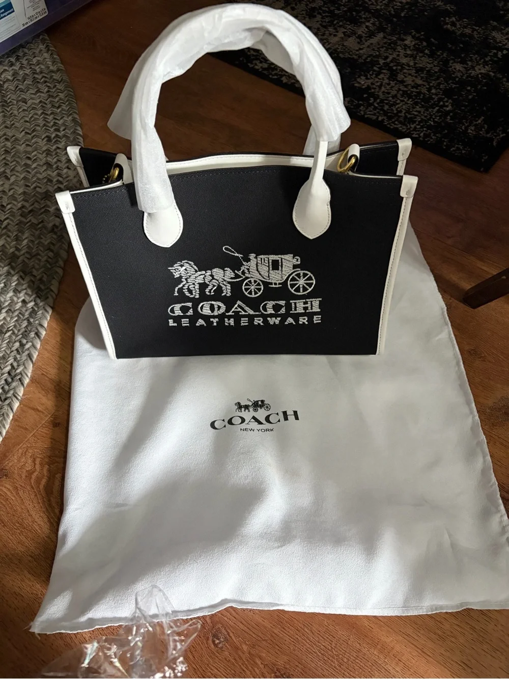 Coach Black and White Leather Logo Tote